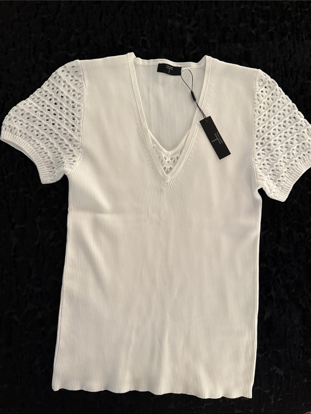Tahari White Ribbed V-Neck sweater Top with Crochet Short Sleeves